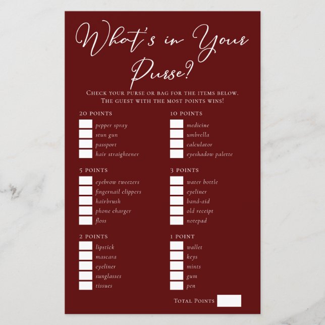 Lámina Borgoña ¿Qué hay en tu bolso juego de ducha de nov (Anverso)