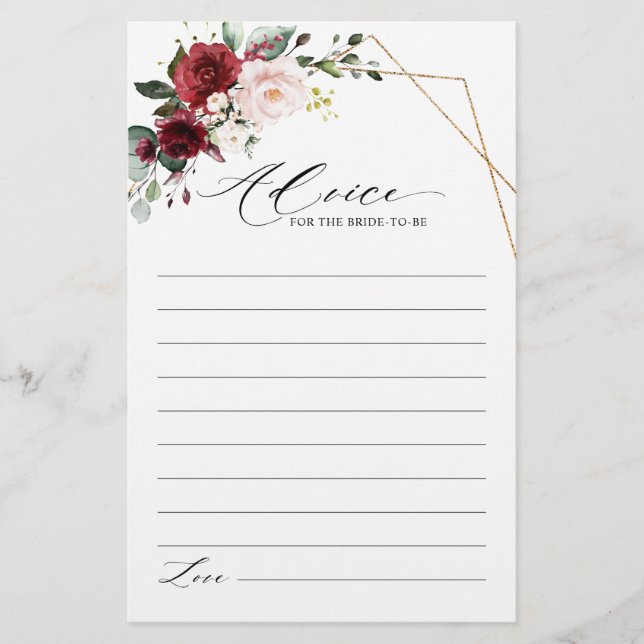 Lámina Borgoña Rubor Floral Modern Bridal Shower Advance (Anverso)