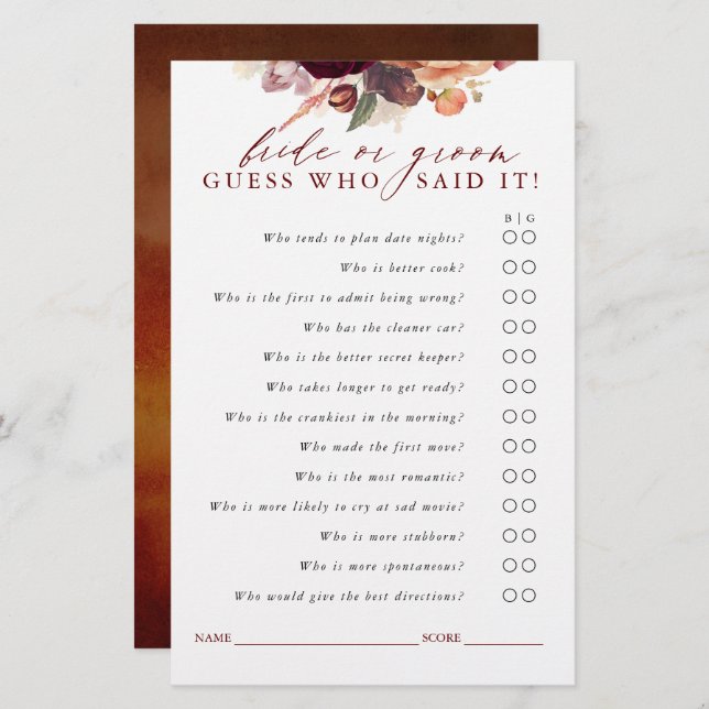 Lámina Borgoña y Naranja adivinen floral novia o Groom (Anverso / Reverso)