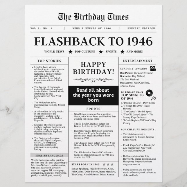 Lámina Born in 1946 Fun Newspaper black and white (Anverso)