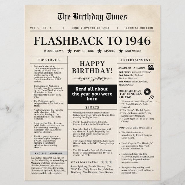 Lámina Born in 1946 Mock Newspaper sepia (Anverso)