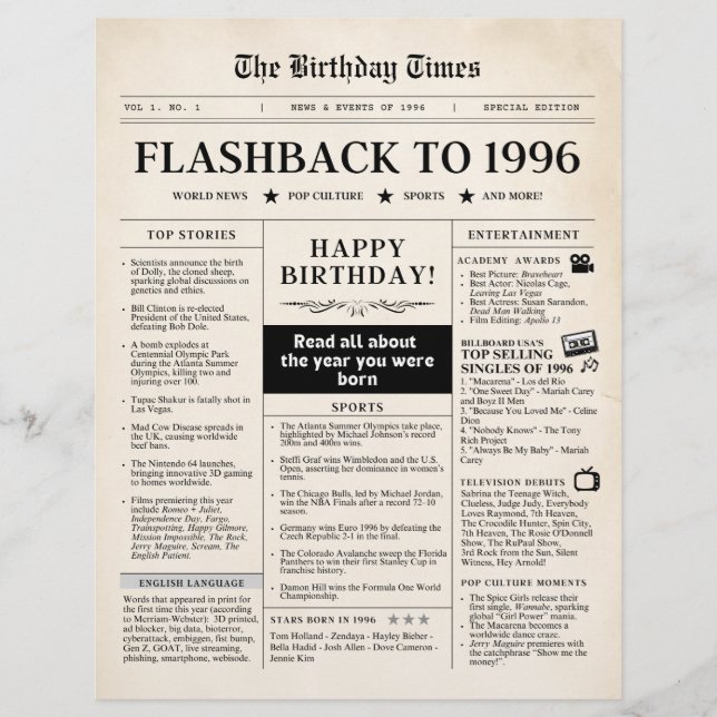 Lámina Born in 1996 Sepia Newspaper (Anverso)