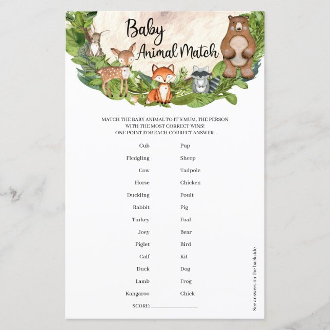 Lámina Bosques de bosque vegetal Baby Animal Match (Anverso)