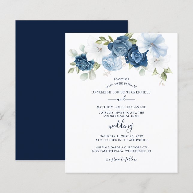 Lámina Botanical Dusty Blue Floral Wedding Invitation (Anverso / Reverso)