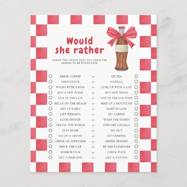 Lámina Bottle Baby shower Would She Rather game  (Anverso)