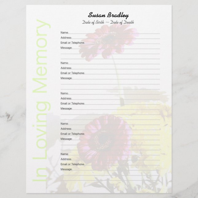 Lámina Bouquet - Memorial Guest Book Personalizado Filler (Anverso)