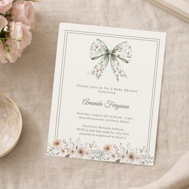 Lámina Bow florals green ivory Baby Shower invitation (Subido por el creador)