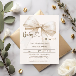Lámina Bow gender neutral beige Baby Shower invitation