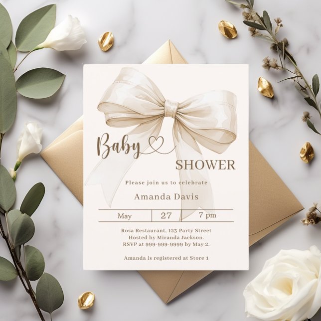 Lámina Bow gender neutral beige Baby Shower invitation (Subido por el creador)