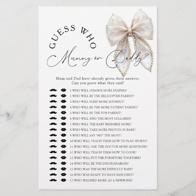 Lámina Bow Guess Who Mommy or Daddy Baby Shower Game (Anverso)