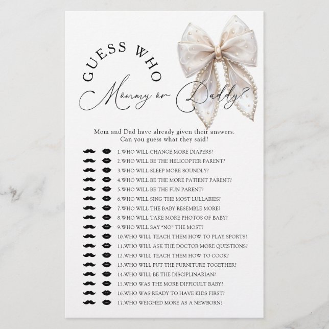 Lámina Bow Guess Who Mommy or Daddy Baby Shower Game (Anverso)