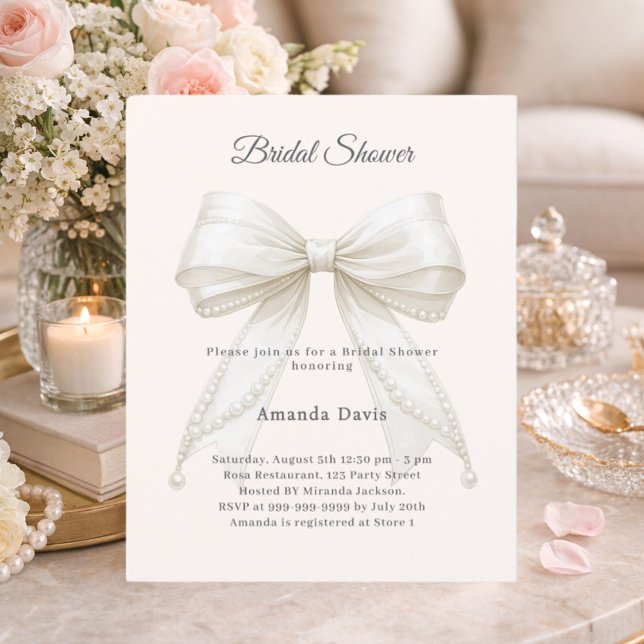 Lámina Bow ivory pearls elegant Bridal Shower invitation (Subido por el creador)