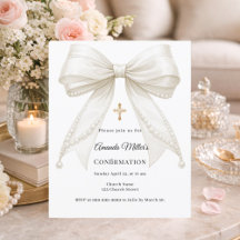 Bow ivory pearls girl Confirmation invitation
