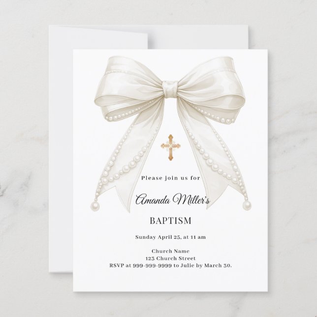 Lámina Bow Ivory Pearls Girl Elegant Baptism invitation (Anverso)