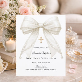 Lámina Bow ivory pearls girl First Communion invitation