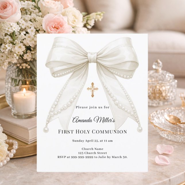 Lámina Bow ivory pearls girl First Communion invitation (Subido por el creador)