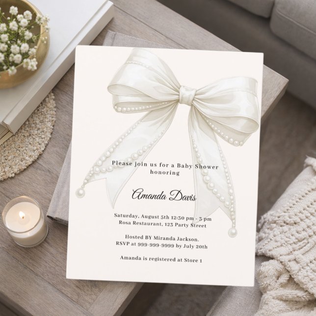 Lámina Bow ivory pearls luxury Baby Shower invitation (Subido por el creador)