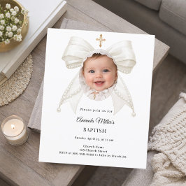 Lámina Bow Ivory Pearls Photo Girl Baptism invitation
