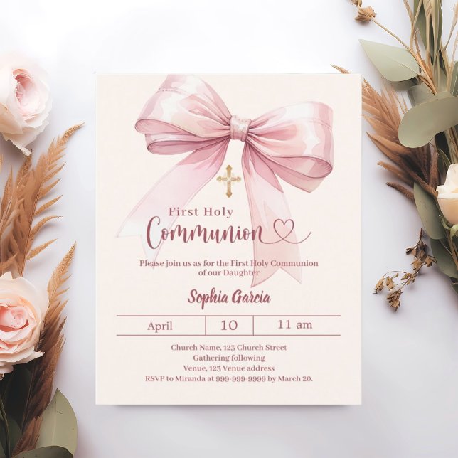 Lámina Bow pink girl cream First Communion invitation (Subido por el creador)