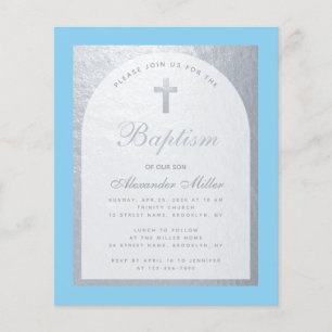 Lámina Boy Baptism Budget Baby Blue Silver Invitación