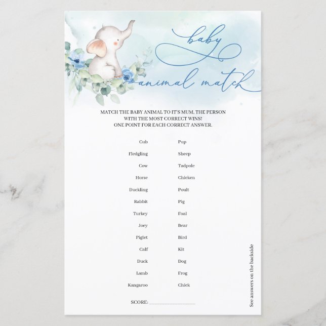 Lámina Boy Elephant Eucalyptus fue un Baby Animal Match (Anverso)