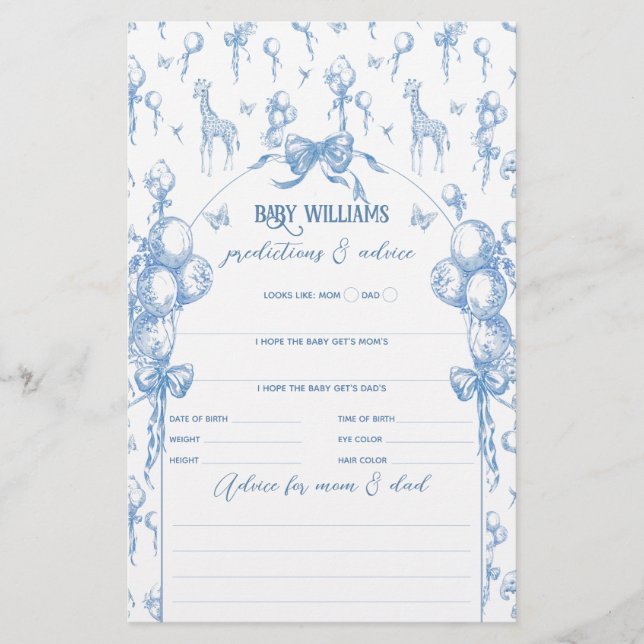 Lámina Boy Safari Animal Blue Balloon Baby Shower Game (Anverso)