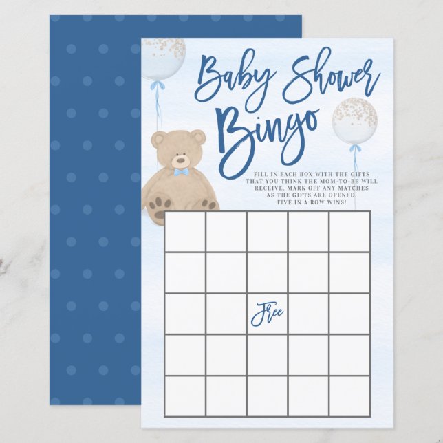 Lámina Boy Teddy Bear Blue Balloon Baby Shower Bingo (Anverso / Reverso)