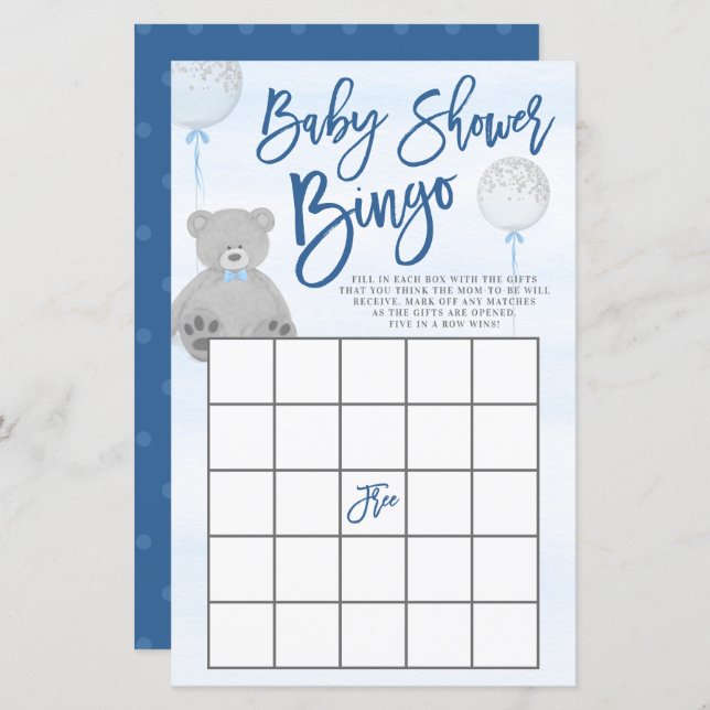 Lámina Boy Teddy Bear Blue Gray Balloon Baby Shower Bingo (Anverso / Reverso)