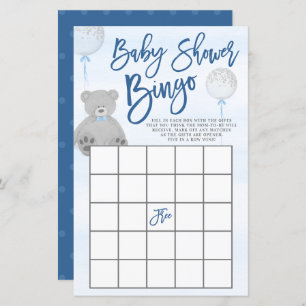 Lámina Boy Teddy Bear Blue Gray Balloon Baby Shower Bingo