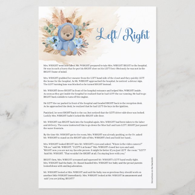 Lámina Boy teddy oso flores azules pampas palma izquierda (Anverso)