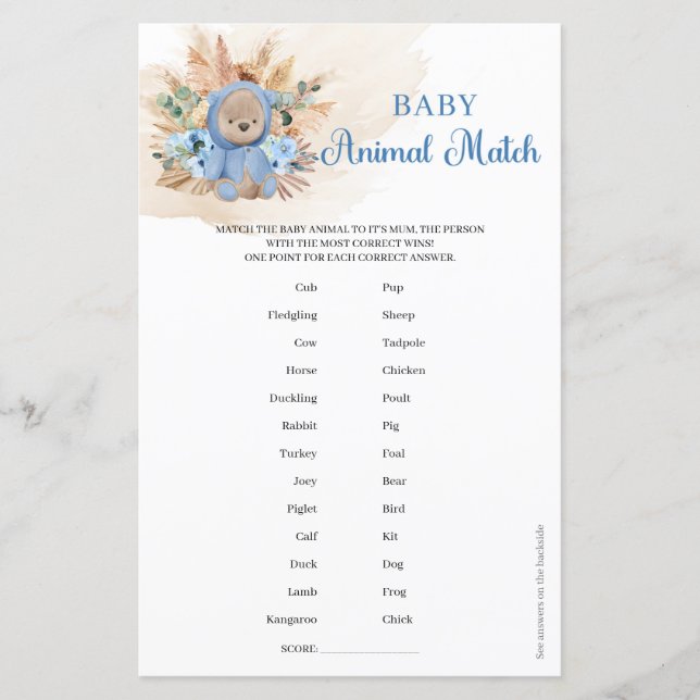 Lámina Boy Teddy oso flores tropicales Baby Animal Match (Anverso)