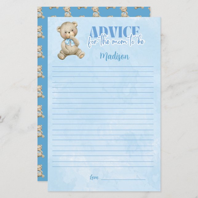 Lámina Boys Balloon Bear Consejos Para Mamá Ducha Juego (Anverso / Reverso)