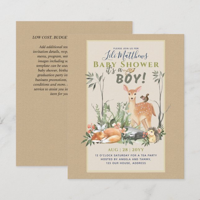Lámina Boys Woodland Animals Forest Baby Shower invita (Anverso / Reverso)