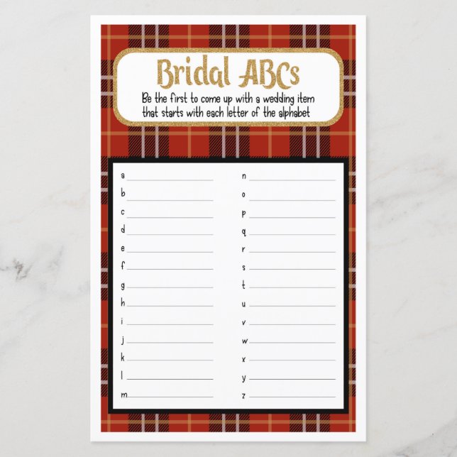 Lámina Bridal ABC Flannel y Frodal Shower Game (Anverso)