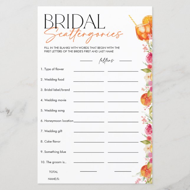 Lámina Bridal Scattergories Spritz Bridal Shower Game (Anverso)