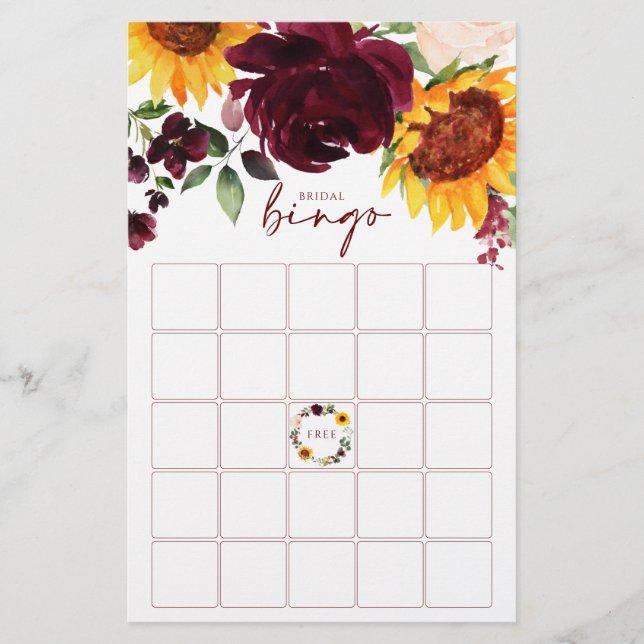 Lámina Bridal Shower Bingo Game Sunflowers Rosas de Borgo (Anverso)