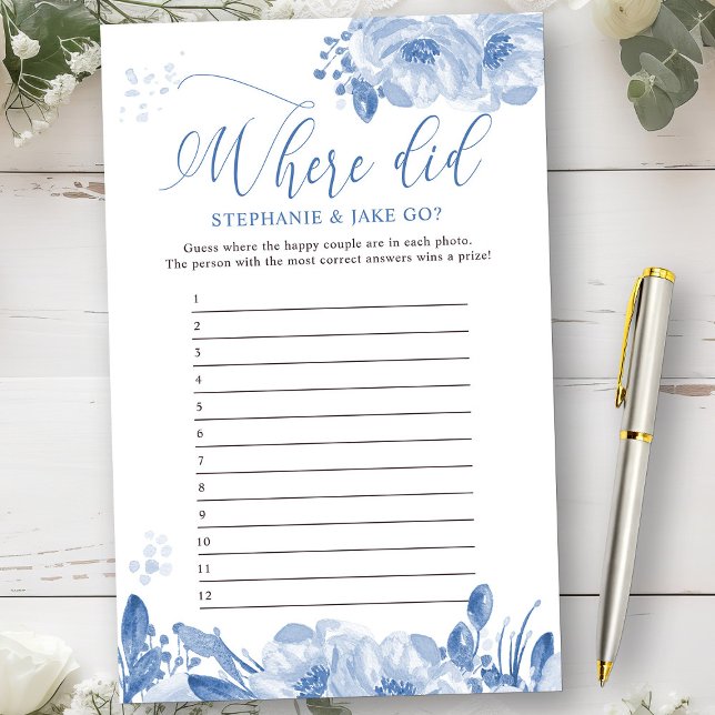 Lámina Bridal Shower Game Blue Floral ¿A dónde fueron? (Bridal Shower Game from my Dusty Blue Watercolor Floral Bridal Shower)