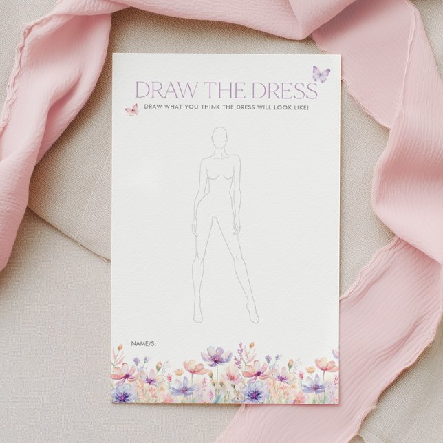 Lámina Bridal Shower Game Guess The Dress Butterflies (Draw the dress! Bridal Shower Game in a pastel wildflower butterfly theme)