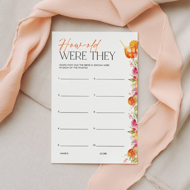 Lámina Bridal Shower Game How Old Were They First Spritz (How Old Were They? Love at First Spritz Bridal Shower | Pink Orange Floral Citrus)