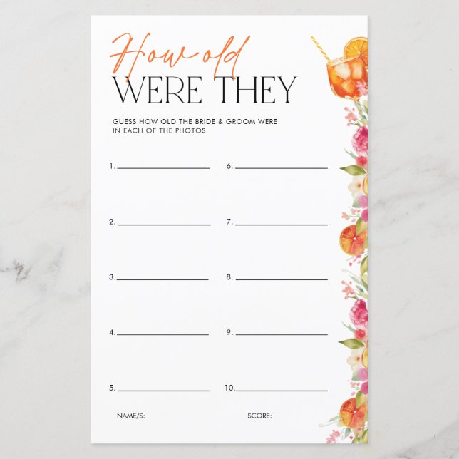 Lámina Bridal Shower Game How Old Were They First Spritz (Anverso)