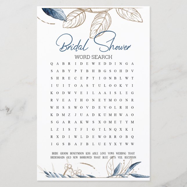 Lámina Bridal Shower Game Word Search Blue Gold Floral (Anverso)