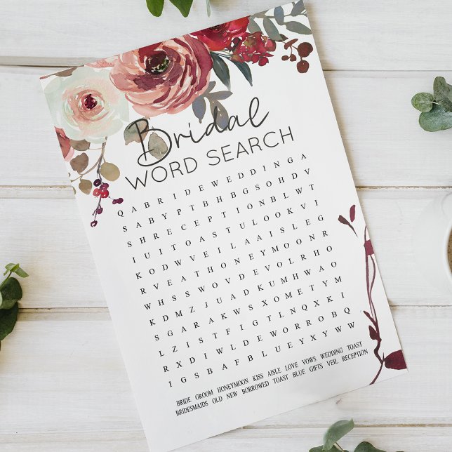 Lámina Bridal Shower Game Word Search Rosas de Rubor rojo (Subido por el creador)