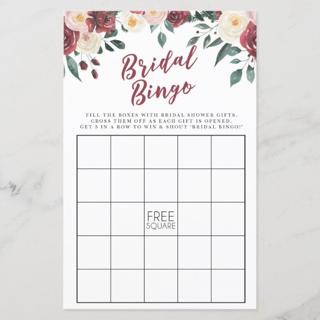 Lámina Bridal Shower Games Bingo Game Boda Red Floral (Anverso)