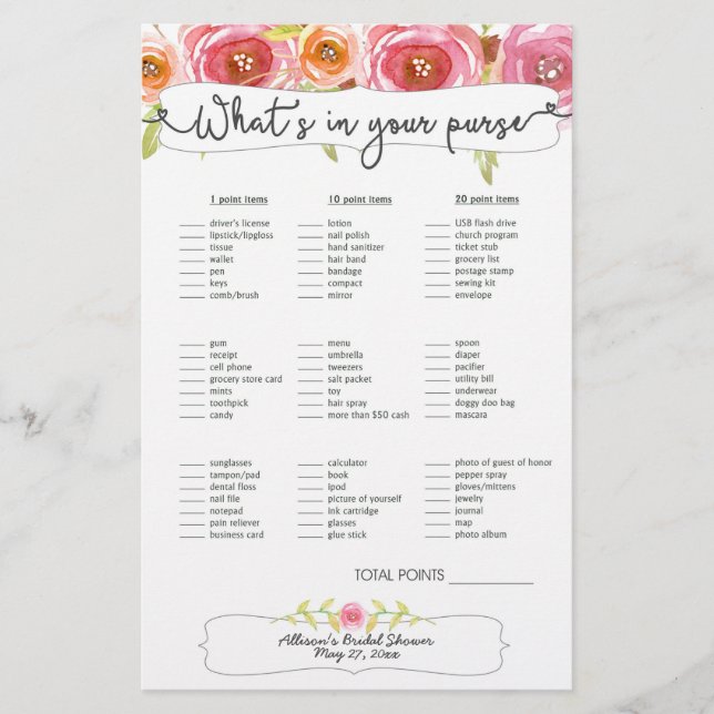Lámina Bridal Shower Games bolso bingo, floral rosa 3605 (Anverso)