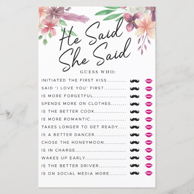 Lámina Bridal Shower Games Dijo Que Dijo Game Floral (Anverso)