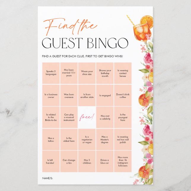 Lámina Bridal Shower Games Guest Bingo Citrus Spritz (Anverso)