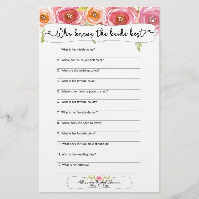 Lámina Bridal Shower Games quien conoce mejor a la novia  (Anverso)