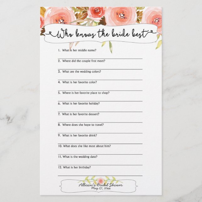 Lámina Bridal Shower Games quien mejor conoce a la novia (Anverso)