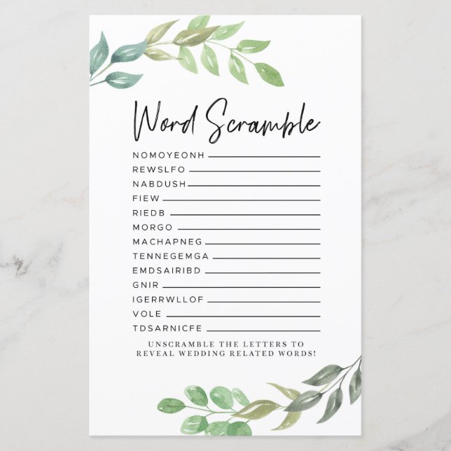 Lámina Bridal Shower Games Word Scramble Game Greenery (Anverso)