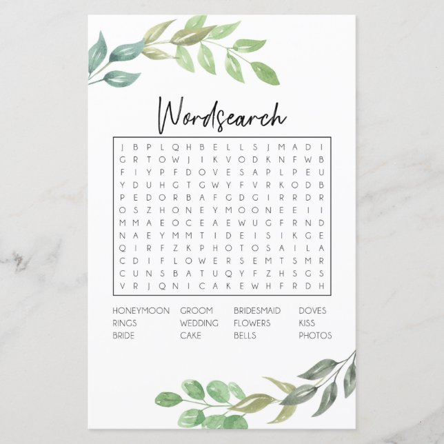 Lámina Bridal Shower Games Word Search Game Greenery (Anverso)